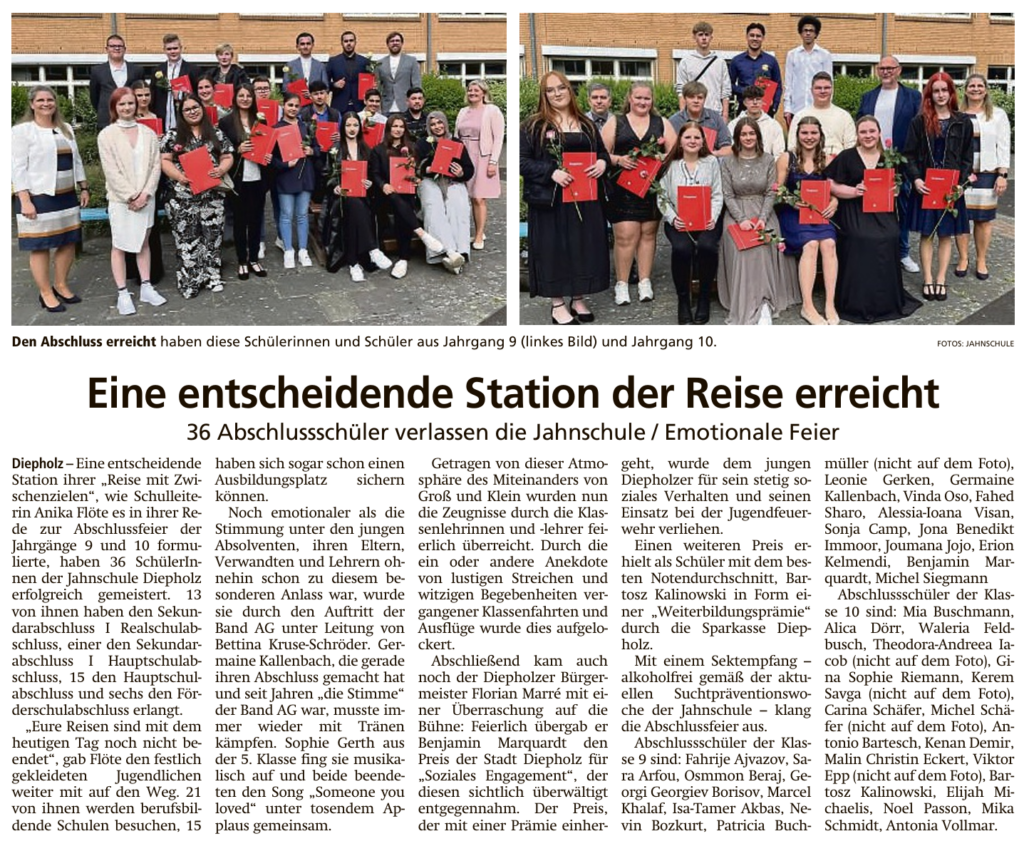 Das Bild zeigt den Zeitungsartikel zum Abschlussjahrgang 2024 der Jahnschule. Über dem Artikel befinden sich zwei Gruppenfotos. Das Linke Bild zeigt die Abschlussschülerinnen, -schüler und Lehrkräfte der Klassen 9, das rechte Bild zeigt jene der Klasse 10.